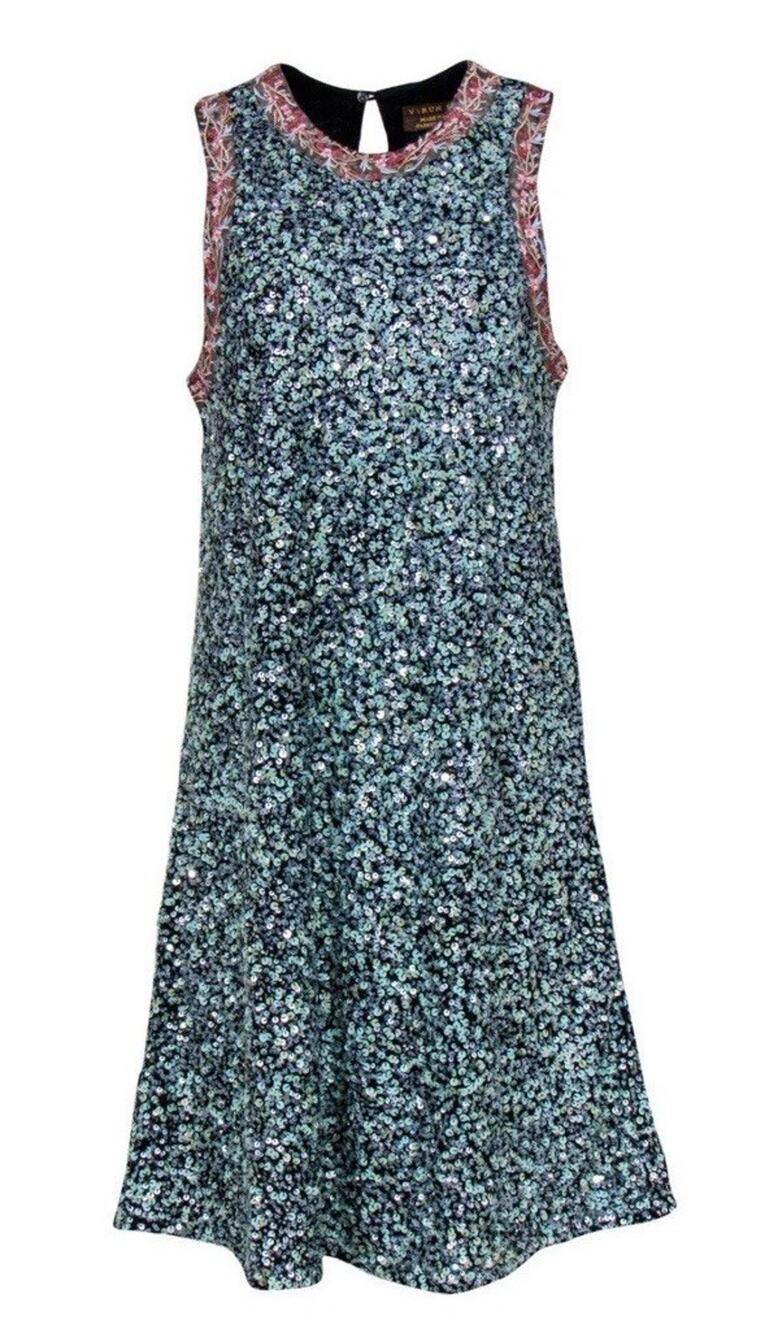 Varun Bahl Size 6 Blue Sequin Sleeveless Shift Dress Floral Embroidered Trim